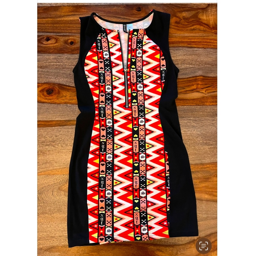 H&M Divided Knit Bodycon Dress Black & Pink Neon Graffiti Print - Small